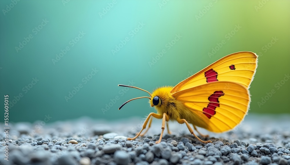 Obraz premium A small yellow butterfly with red markings on its wings, standing on a pebble surface