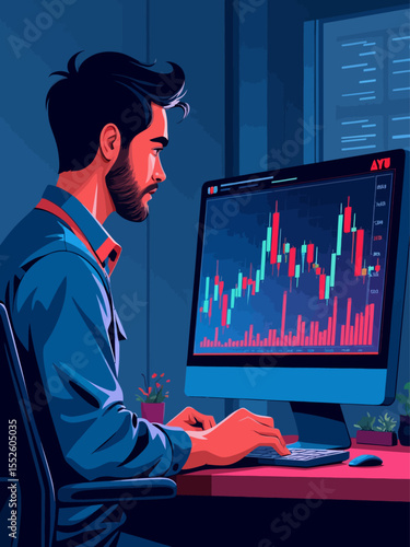 Stockbroker analyzing buy and sell financial trading charts on computer screen