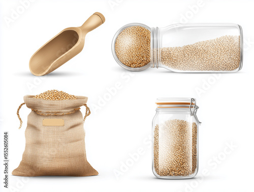 Grains in jars and bags, white background, agro concept
