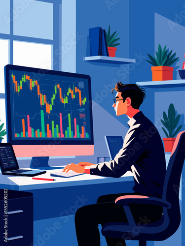 Stockbroker analyzing buy and sell financial trading charts on computer screen