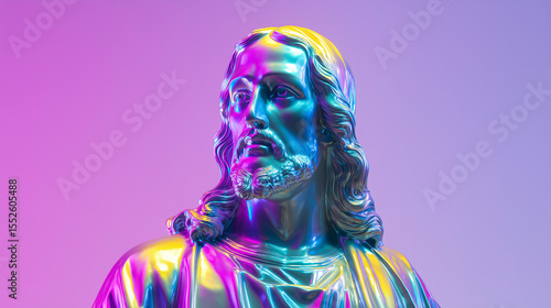 A Jesus statue with glossy plastic texture, vibrant neon colors, and chrome finish, combining spirituality with futuristic pop-art aesthetic.