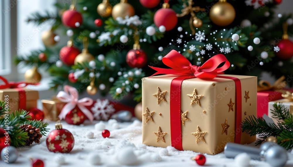 the image captures a festive scene during what appears to be the holiday season, as indicated by the christmas tree with ornaments and the snowflakes the image captures a festive scene during what appears to be the holiday season, as indicated by the christmas tree with ornaments and the snowflakes