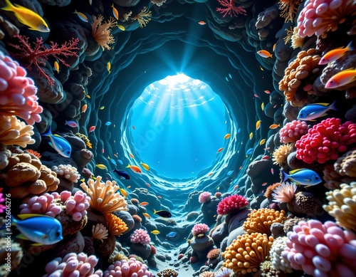 the image depicts an underwater perspective of a coral reef tunnel, through the center of the frame, we see a shaft or tunnel that leads to the deep ocean beyond