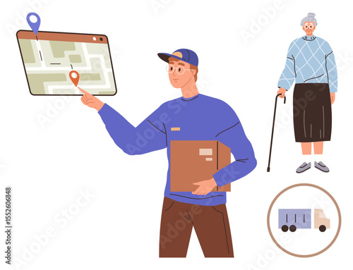 Delivery professional with parcel tracking route on digital map, elderly recipient holding cane nearby, small truck icon. Ideal for logistics, courier service, package delivery, customer