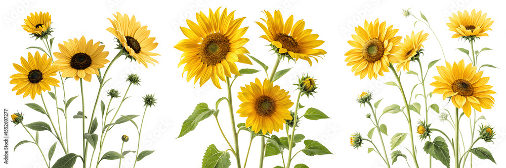 Obraz premium Several yellow sunflowers isolated on transparent background