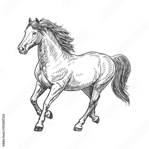 A sketch art of a horse running, showing the initial outline.	