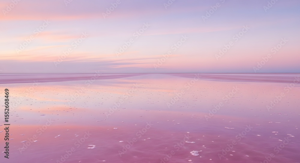 A serene vista showcasing a pink lake mirroring a pastel sky at dusk with a horizon line view A serene vista showcasing a pink lake mirroring a pastel sky at dusk with a horizon line view