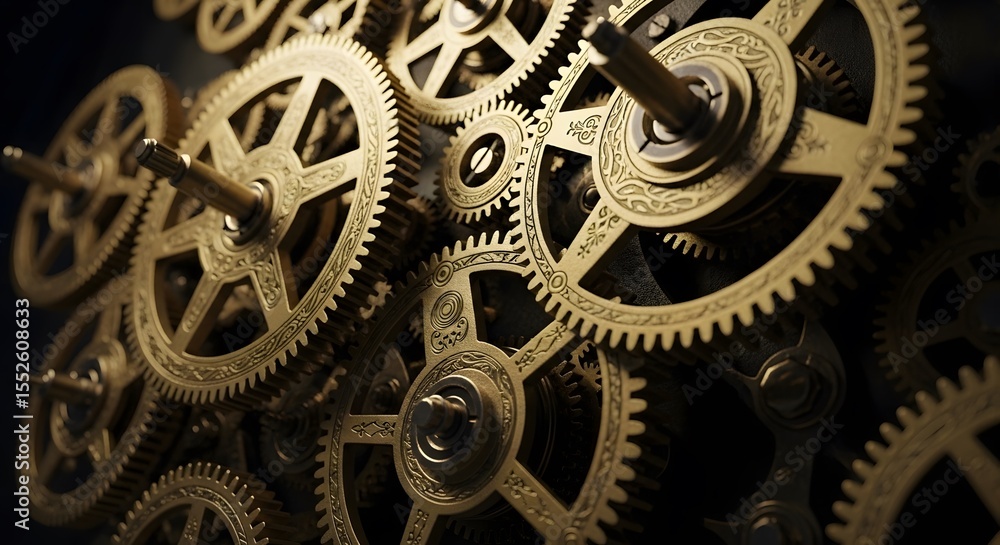 Close up view of intricate golden gears and cogs interlocked in a complex mechanical system design Close up view of intricate golden gears and cogs interlocked in a complex mechanical system design