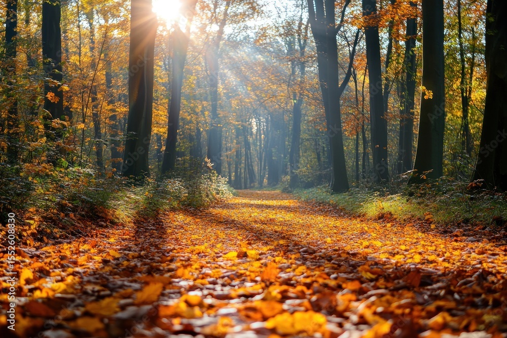 Obraz premium Peaceful forest trail in autumn with radiant light and falling leaves