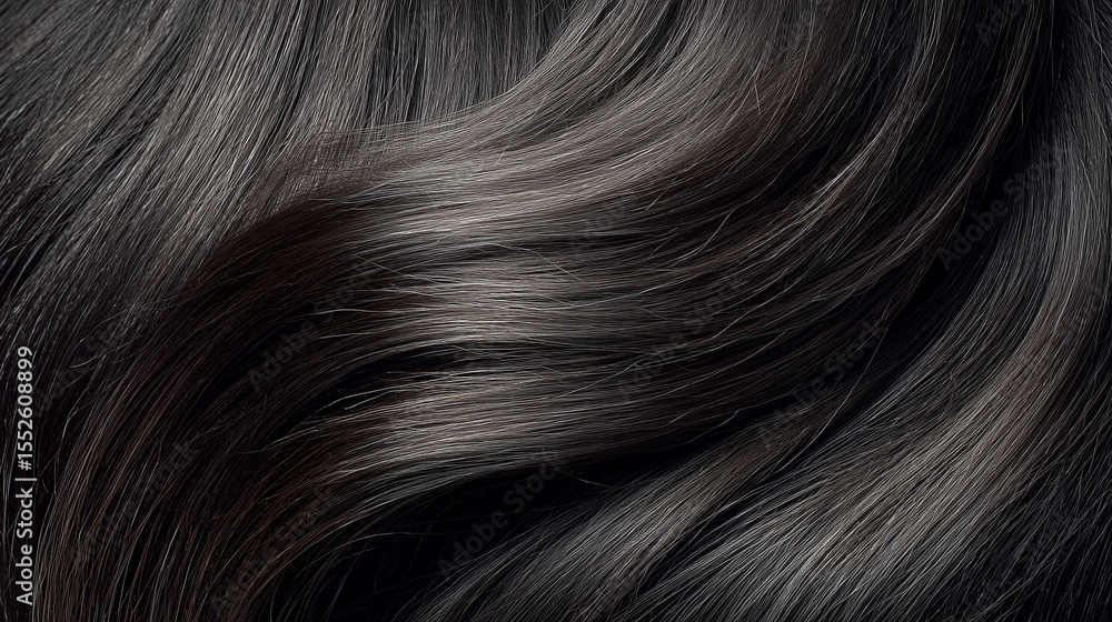 Naklejka premium Close-up of shiny black hair with soft, smooth texture, representing beauty, care, and healthy hair in high detail.