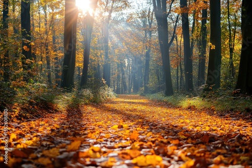 Peaceful forest trail in autumn with radiant light and falling leaves