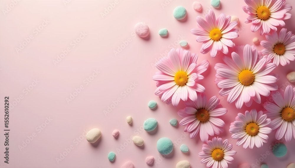 Obraz premium A flat lay of pink daisies and pastel colored candies on a pastel pink background