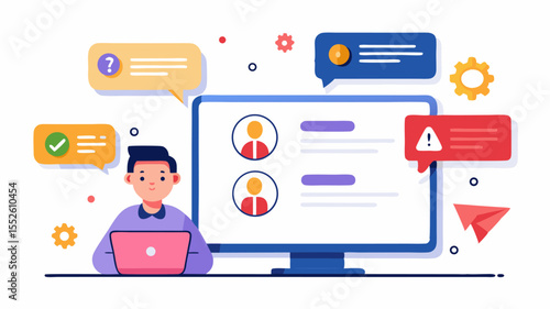 A person working on a laptop with notifications and icons around a computer screen illustration