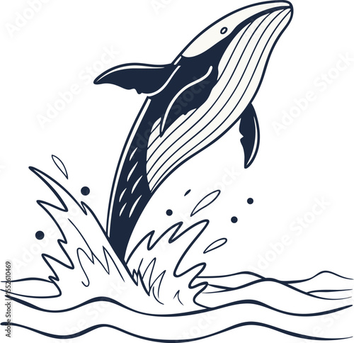 A playful whale breaching the surface with water black silhouette illustration.