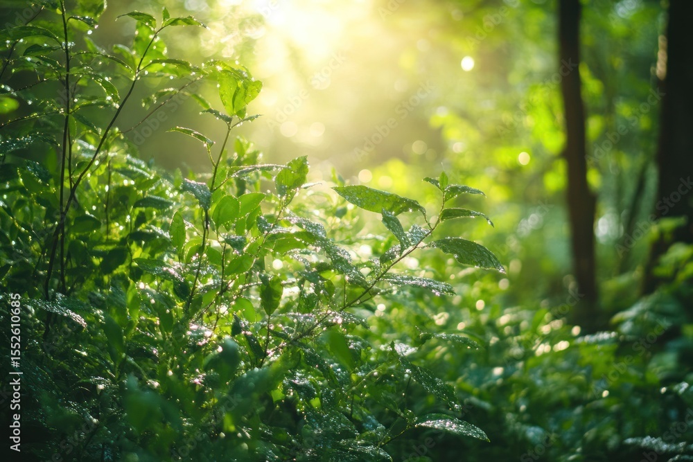 Fototapeta premium Nature morning walk through summer woods, dewy plants, bright sunlight filtering in