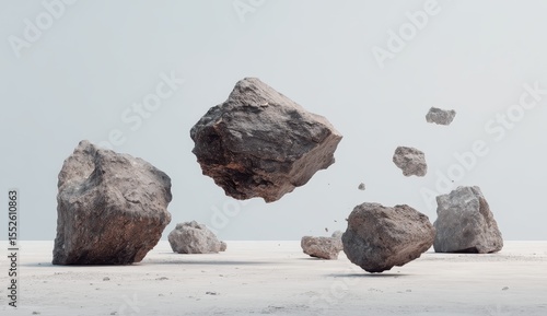 Five grey-brown rocks levitate above a pale surface against a muted background; one rock is larger than the others, suggesting motion and weightlessness