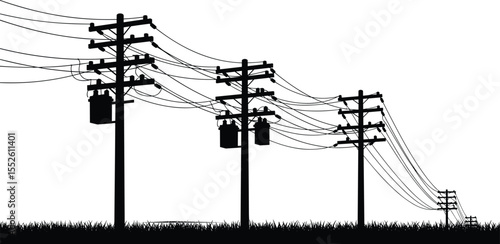 Silhouette of electric utility poles with power lines and transformers along grassy field, black and white illustration for electricity, energy infrastructure, and rural power concept