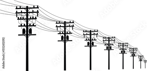Silhouette of multiple electric utility poles with power lines and transformers, perspective view, black and white illustration for infrastructure, energy, electricity, and industrial concept