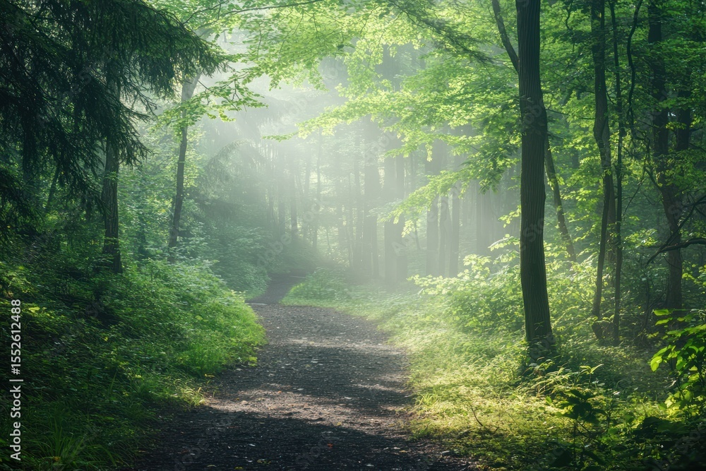 Fototapeta premium Misty forest path with morning light shining through, peaceful and calm nature scene