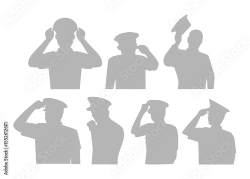 Set of sailor hat captain silhouette collection with different view or angle, Navy Captain's Hat character, with anchor and bay leaves emblem, gold plating, Sea cruise concept, sailor cap sign.