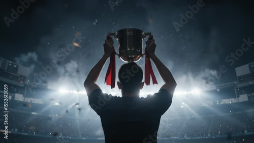 Triumphant Winner Celebrates Championship Victory in Stadium Raising Trophy High