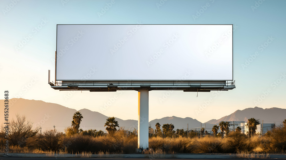 Fototapeta premium Blank Billboard Stands Tall Against Mountain Backdrop at Dusk. Mock up promotion information for marketing announcements and details, blank white space
