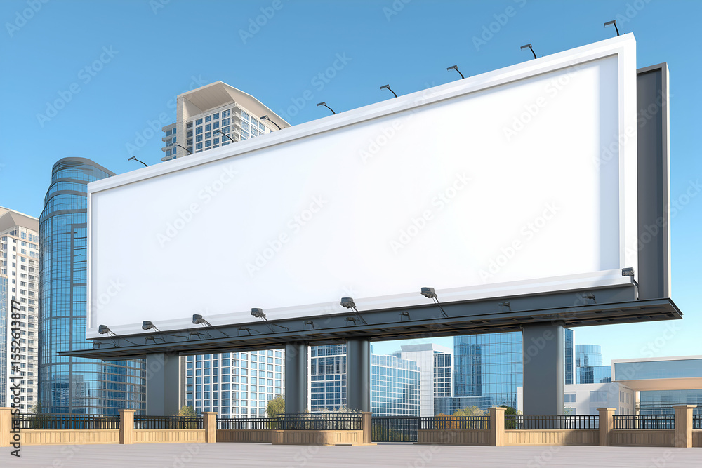 Fototapeta premium Billboard Blank Canvas Stands Tall in a Modern Cityscape Background. Mock up promotion information for marketing announcements and details, blank white space