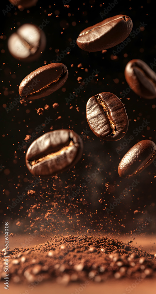 Coffee beans falling into ground coffee Coffee beans falling into ground coffee