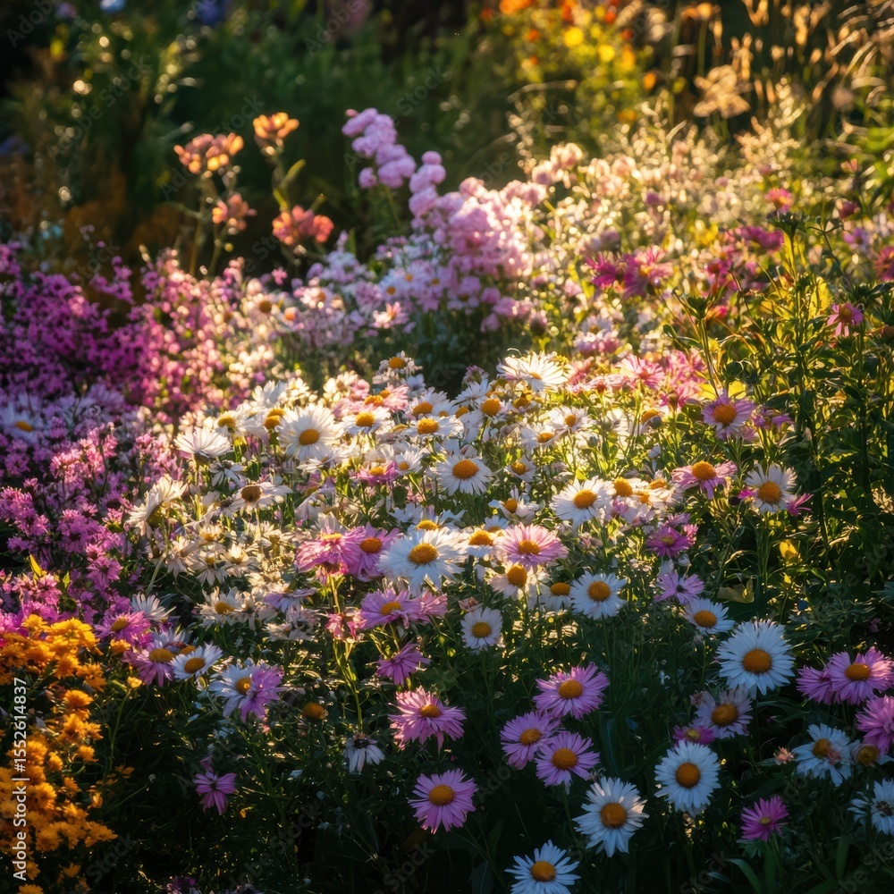 Obraz premium Vibrant Pink White Yellow Chrysanthemum Flowers in Garden Sunlight