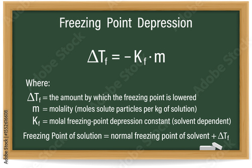 Freezing Point Depression on a green chalkboard. Education. Science. Formula. Vector illustration.