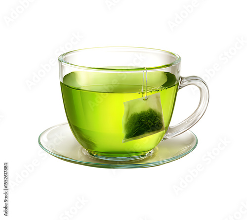 A cup of green tea with a tea bag, isolated on a transparent background.