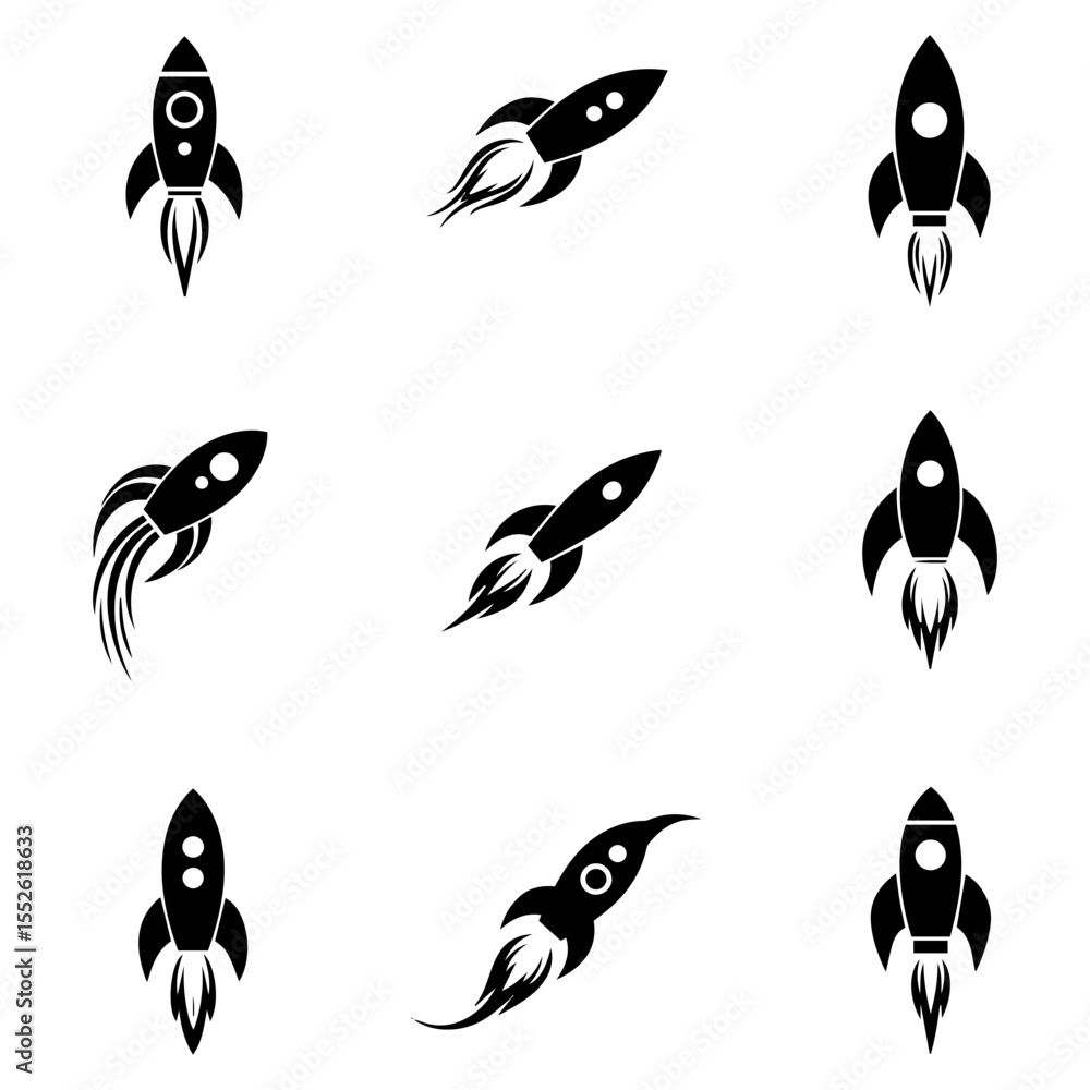 Naklejka premium A curated collection of classic sci-fi rocket silhouettes with a cool, nostalgic and timeless feel