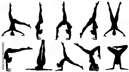 Silhouette arrangement showing various yoga poses and acrobatic handstand positions in black color