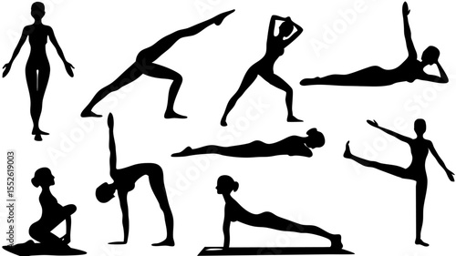 Silhouette illustration showing a variety of yoga poses in black on a white background image space here