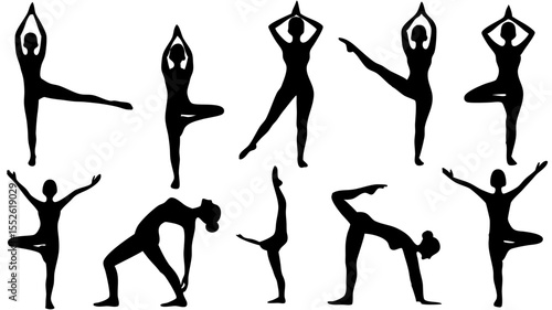 Silhouette collection of women performing various yoga poses on a white background design element