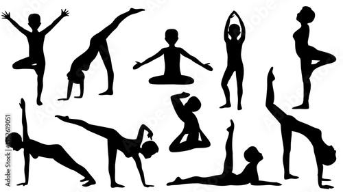 Silhouette collection of people performing various yoga poses and stretching exercises on a white background
