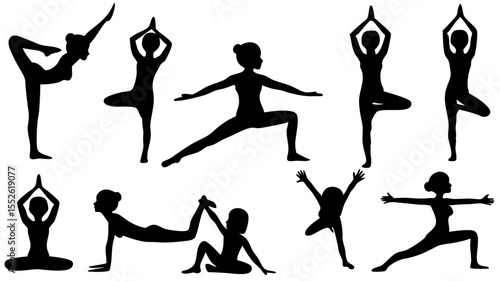 Silhouette collection of women in various yoga poses demonstrating flexibility and balance exercises for health