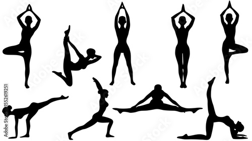 Silhouette illustration showcasing various yoga poses and stretching exercises performed by multiple figures