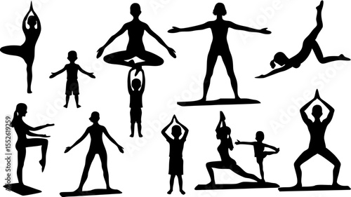 Silhouette illustration depicting people performing various yoga poses and balancing acts