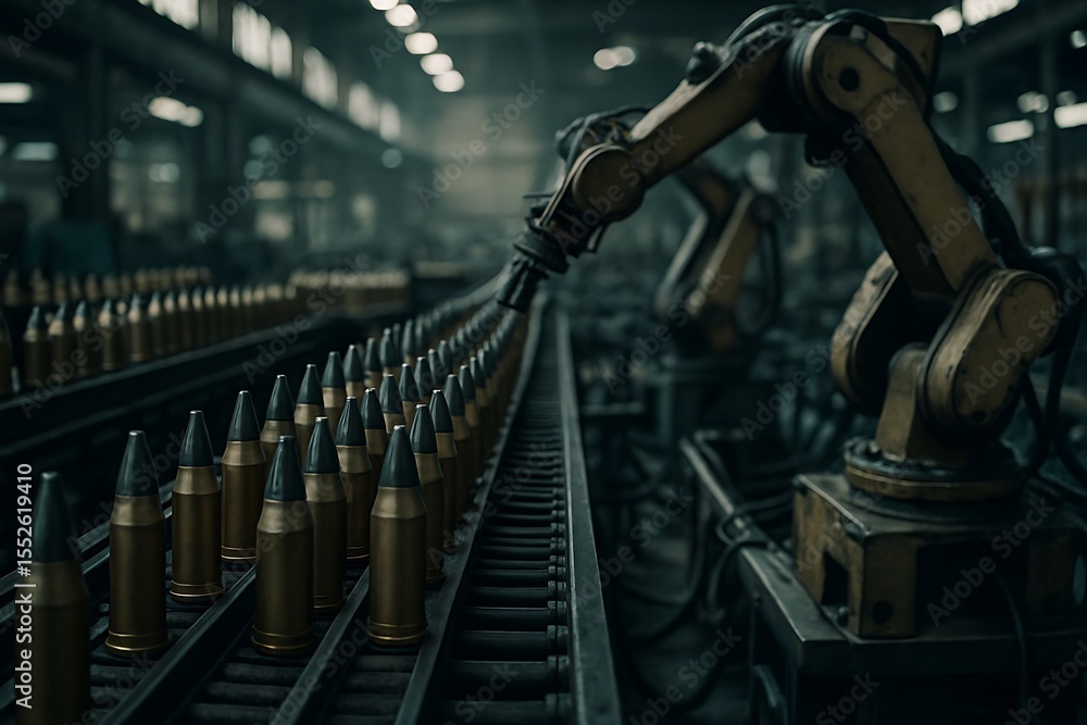 Fototapeta premium Automated Ammunition Manufacturing Robotic Arms Precision Assembly Line in Industrial Factory