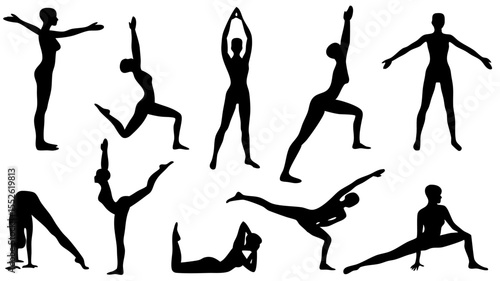 Silhouette collection of women in various yoga poses demonstrating flexibility and balance exercises