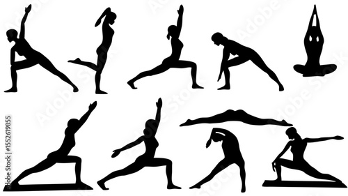 Silhouette collection of women in various yoga poses demonstrating flexibility and body control skills