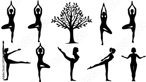 Silhouette yoga poses with tree in center showing balance and flexibility for wellness and fitness practice