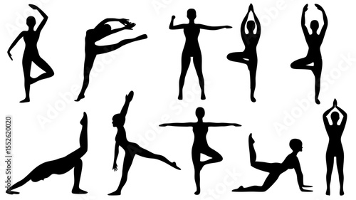 Silhouette collection of women in various yoga poses and dance positions on a white background scene view