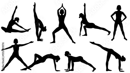 Silhouette collection of women performing various yoga poses and stretching exercises on a white background