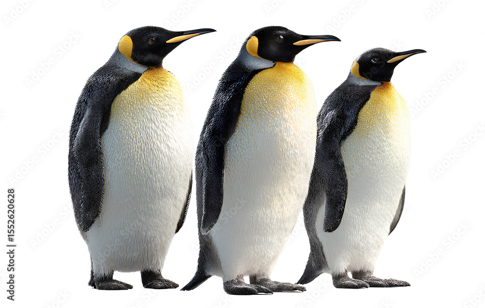 Fototapeta premium Three realistic emperor penguins, transparent background PNG element cutout with no mockup around the edges. No shadows on isolated white background