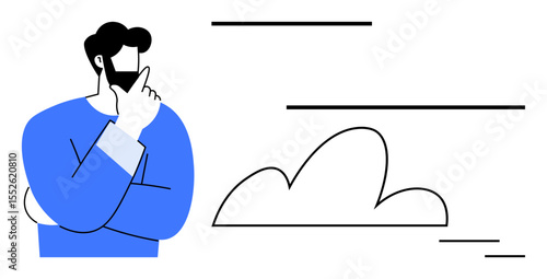 Man in thoughtful pose beside a minimal cloud design with abstract lines. Ideal for creativity, problem-solving, brainstorming, innovation, planning, decision-making, strategic thinking. Simple flat