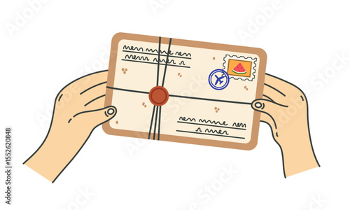 Hands holding a closed letter, vector clipart. Parcel from abroad with a stamp, handwritten text, wax seal, tied with a string. Message from a pen pal, card from trip. Postal correspondence, delivery