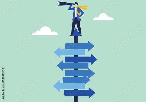 Businessman on a ladder choosing his way under a blank directional signpost in the sky