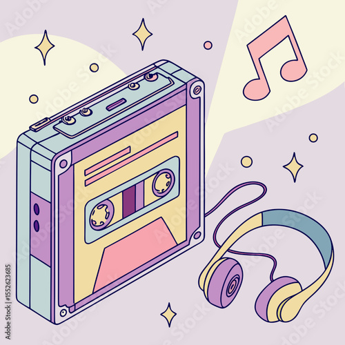Vintage Cassette Tape and Walkman – 90s Retro Music Vector in Memphis Style